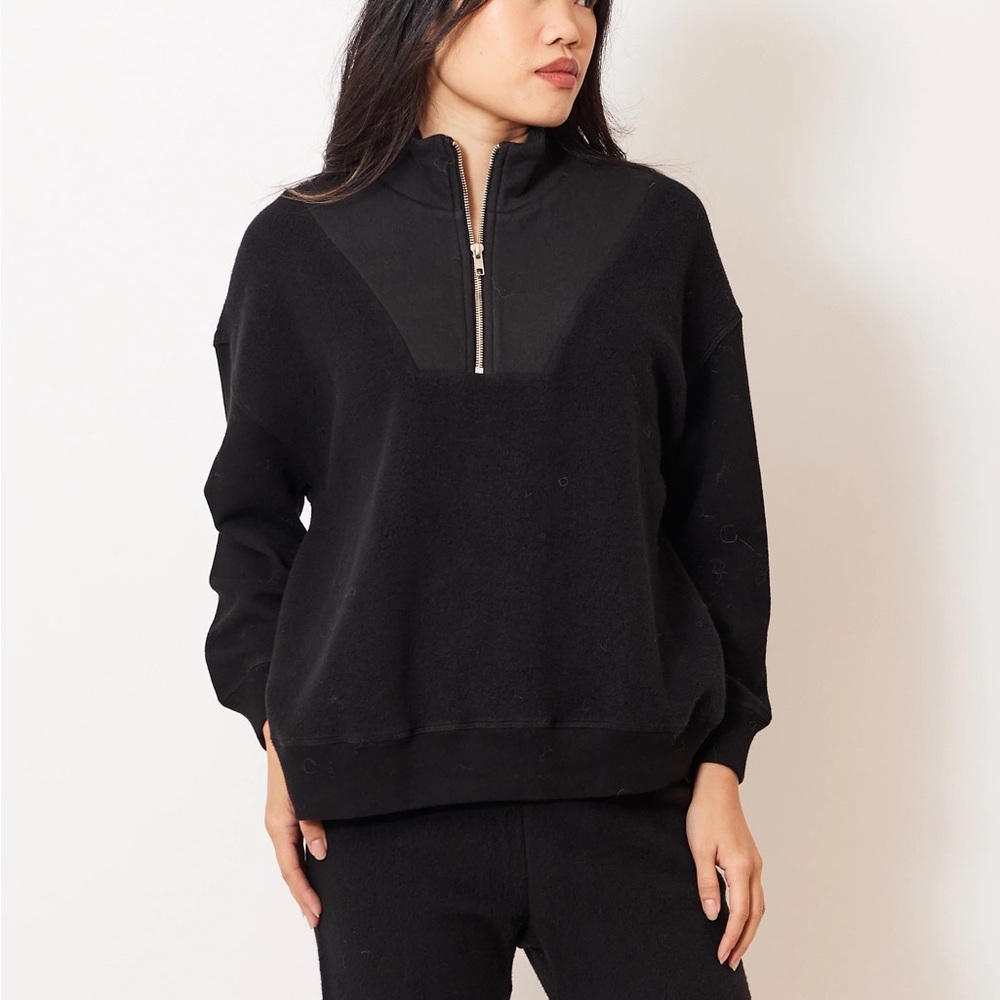 THE GREAT. The Slouch Trail Half Zip Pullover Sweatshirt in Black Size 0